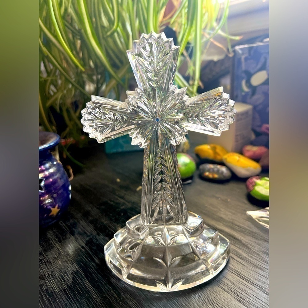 Lenox Fine Crystal Cross  Crucifix Full lead Sapphire  Germany Vintage 8"